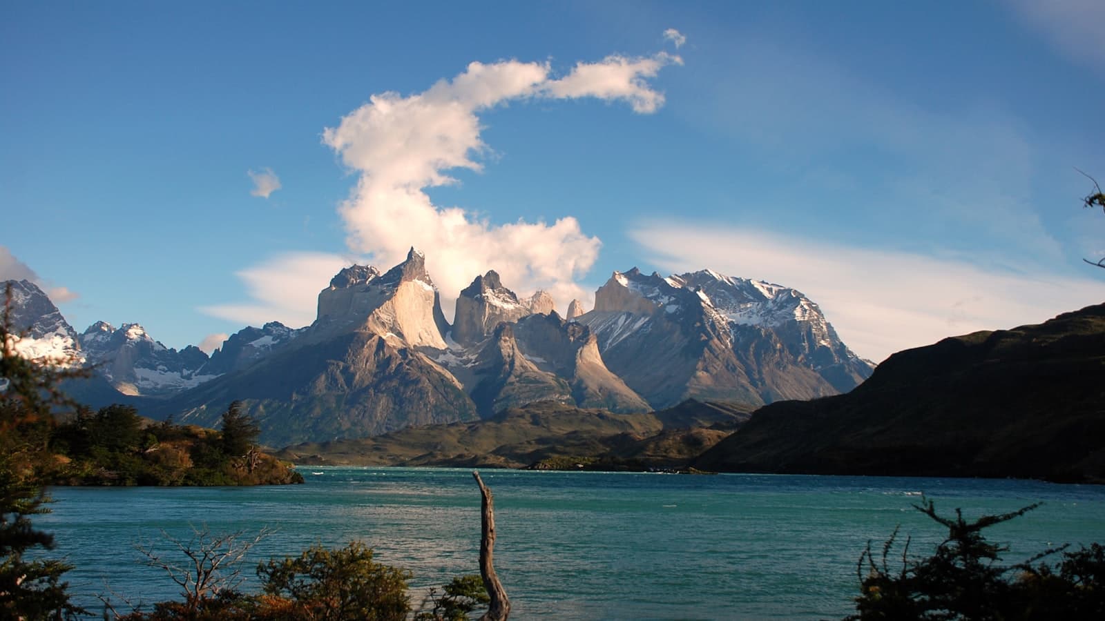 Granite towers of Torres del Paine above a turquoise Patagonian lake