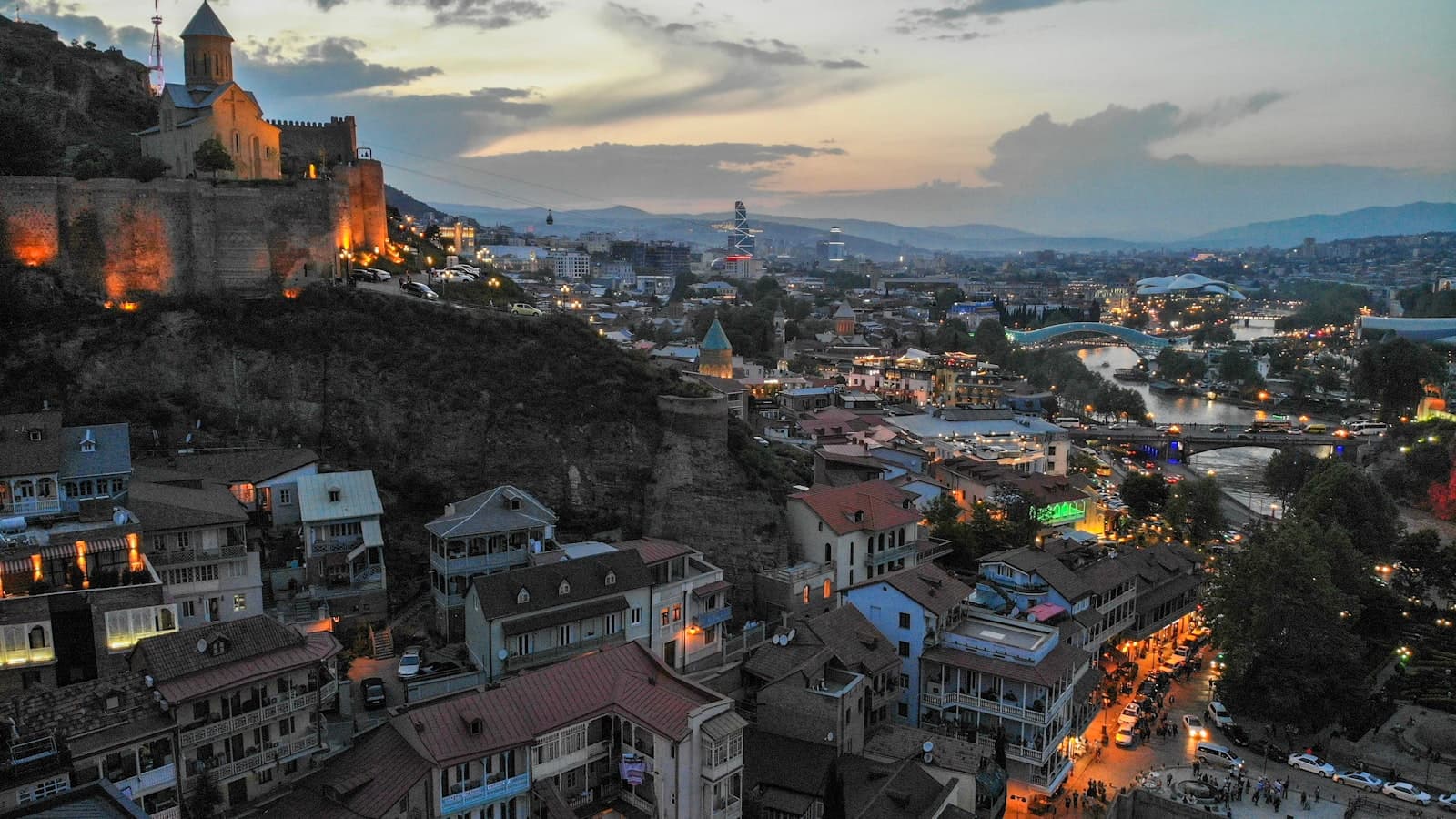 Narikala Fortress overlooking Tbilisi's old town and the Kura River at dusk