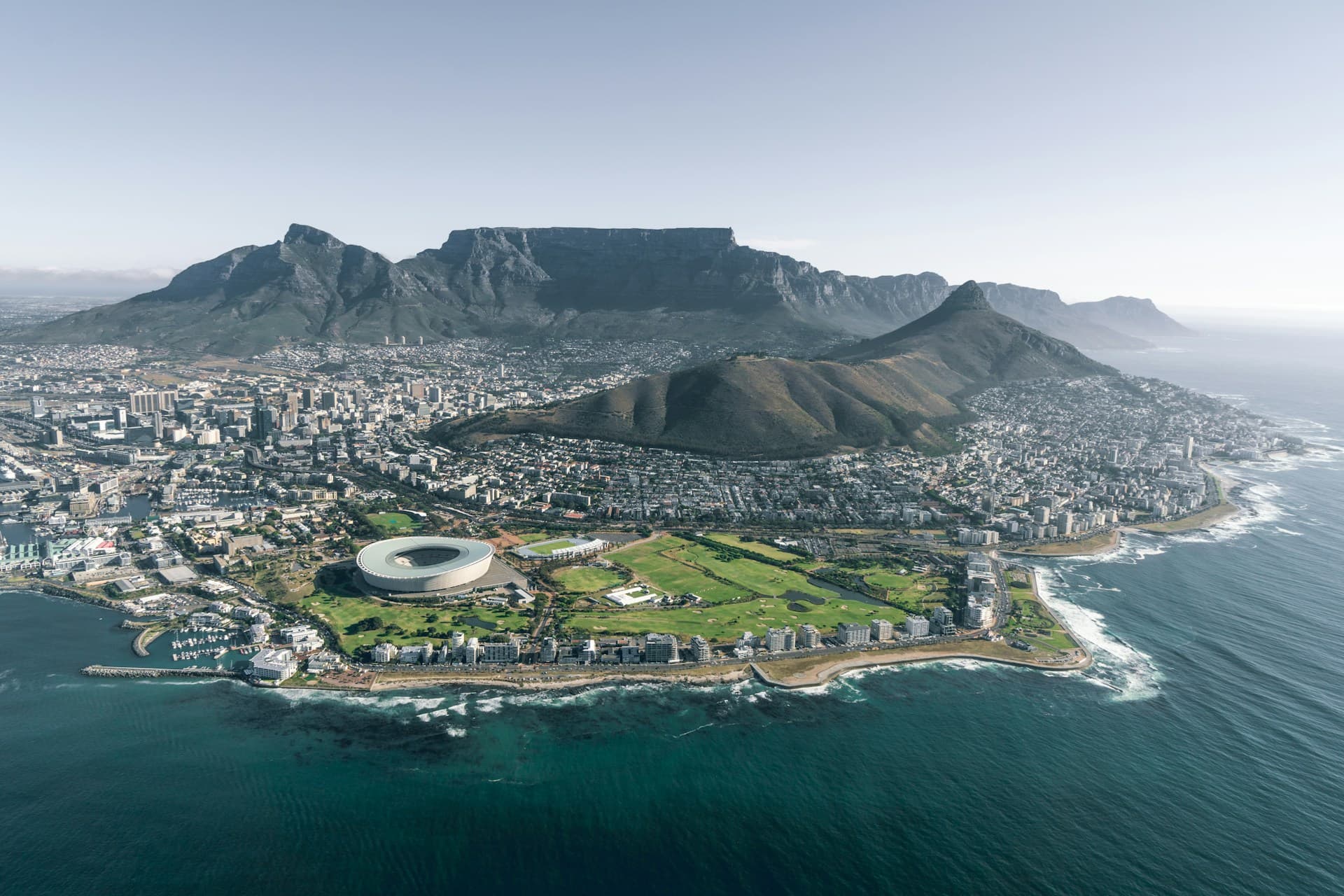 Table Mountain rising above Cape Town with the Atlantic seaboard in the foreground