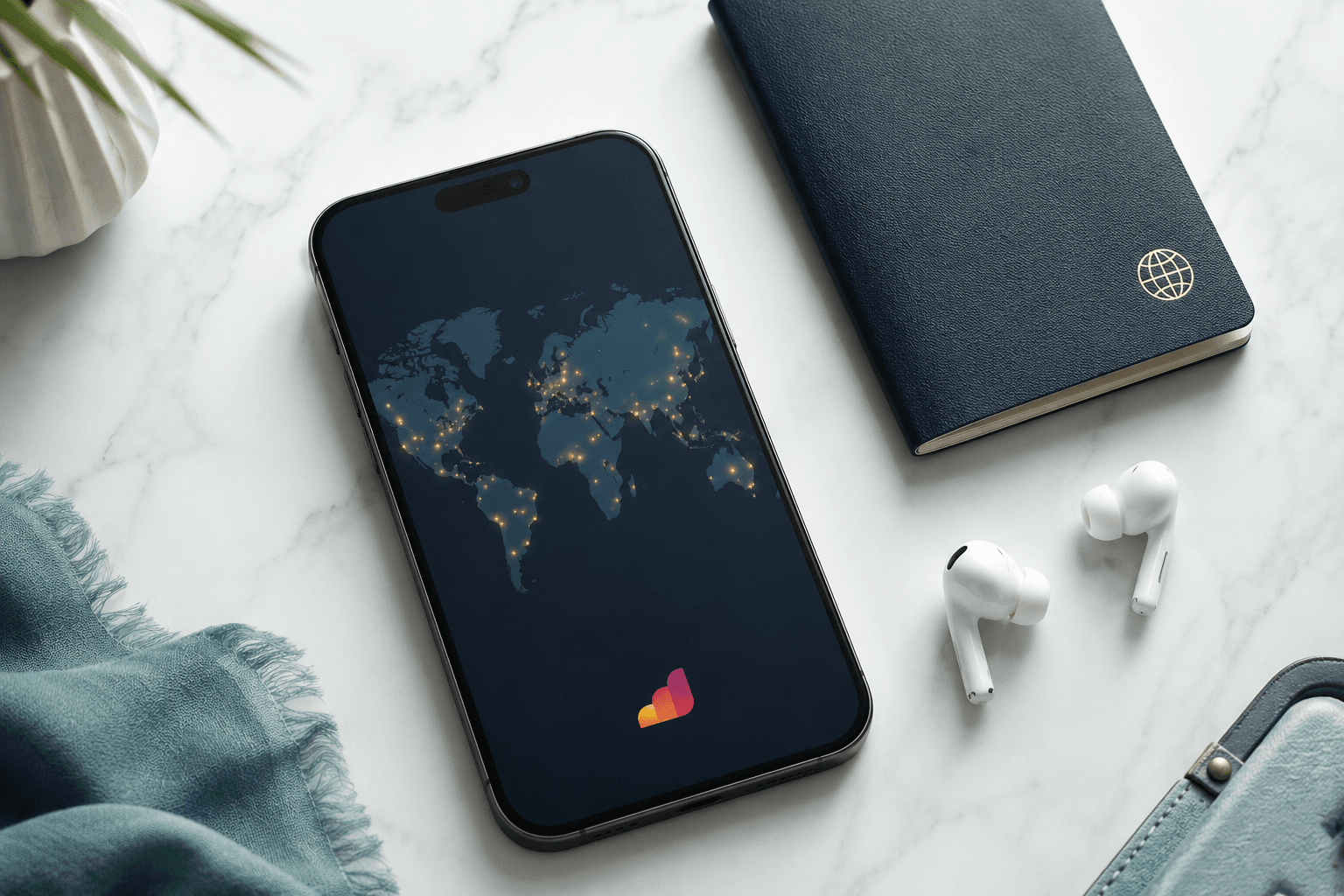 Smartphone showing world map with passport and earbuds on marble surface
