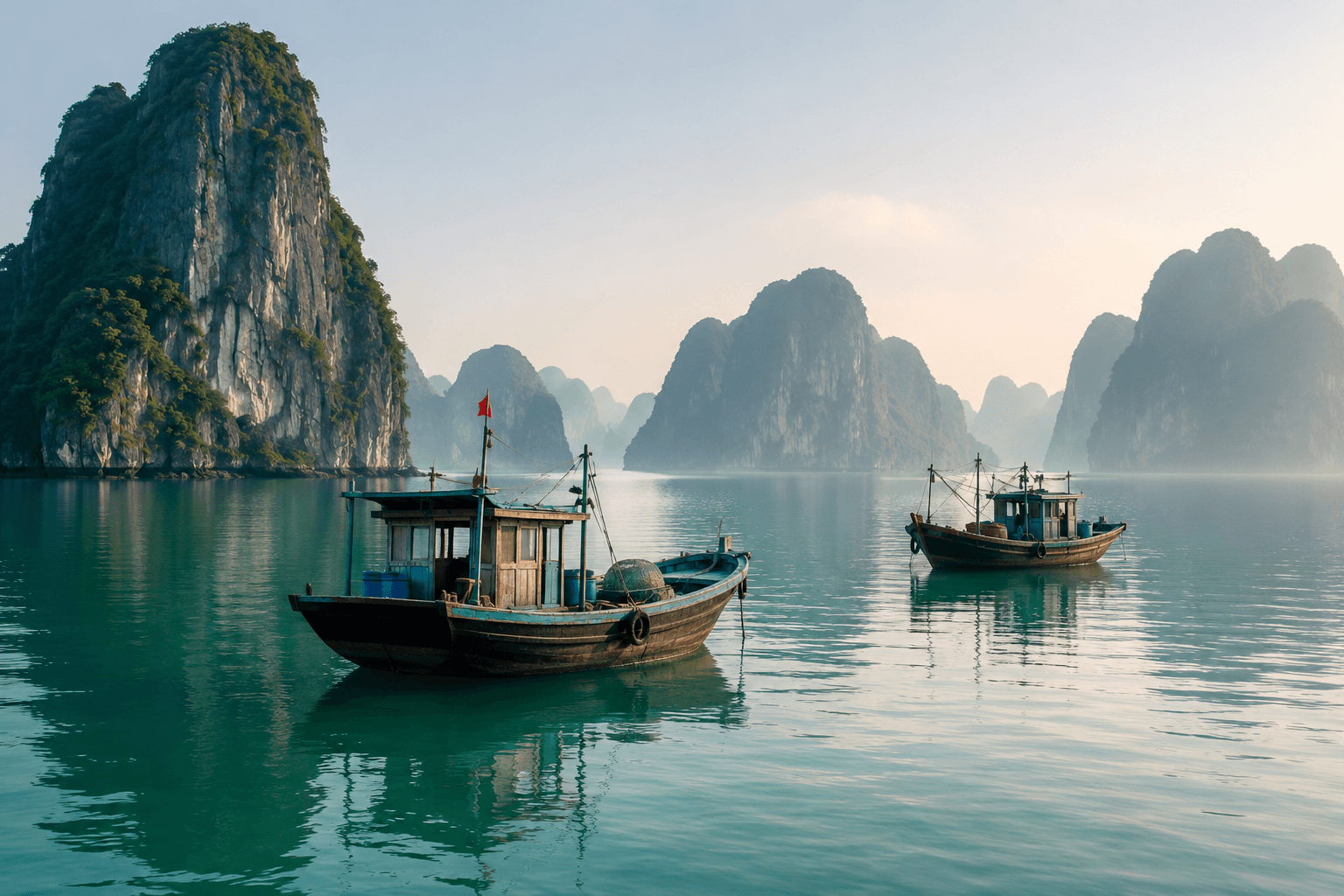 Wooden fishing boats on the emerald water of Ha Long Bay, Vietnam