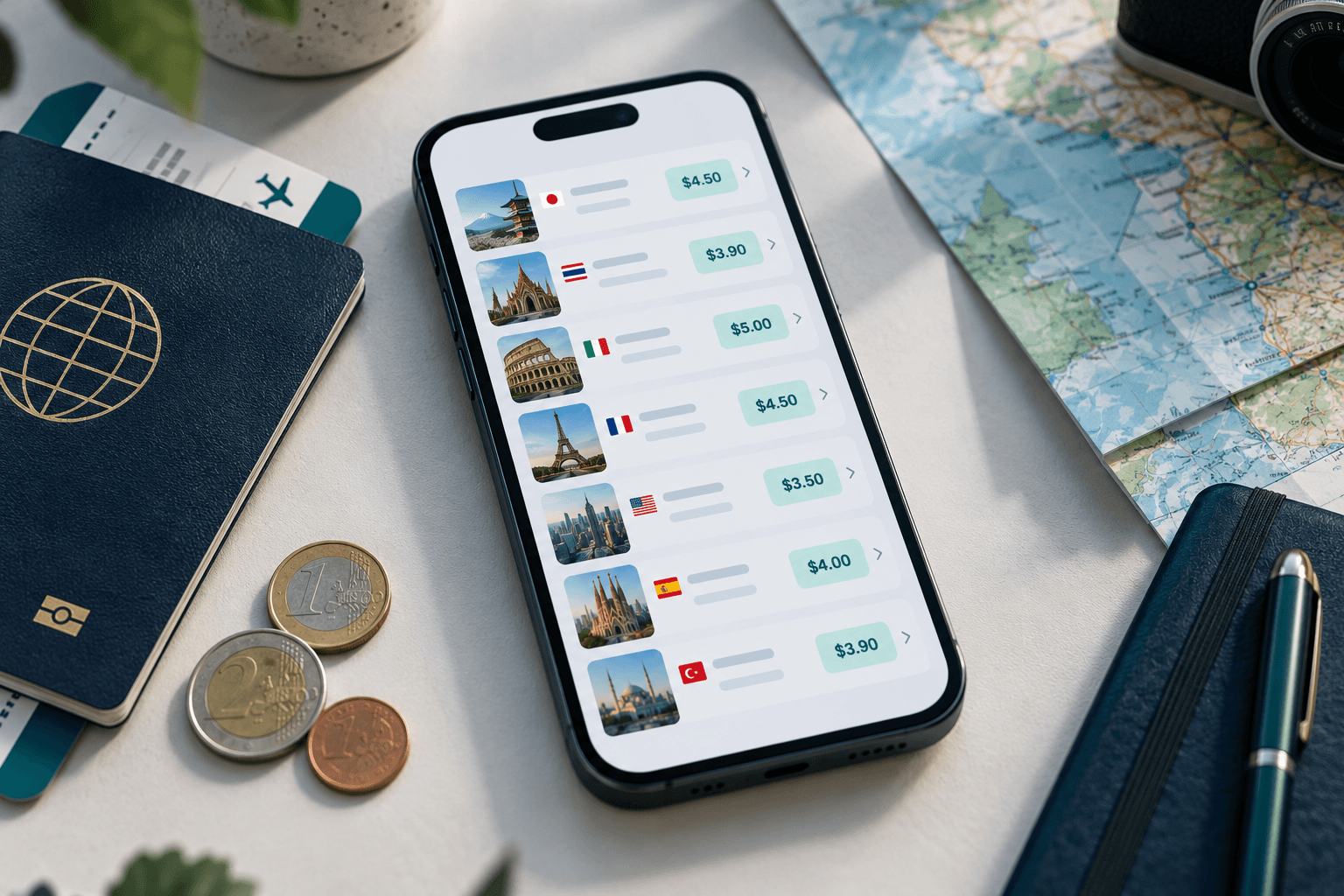 A smartphone listing eSIM prices by destination, beside a passport, boarding pass, euro coins, and a folded map