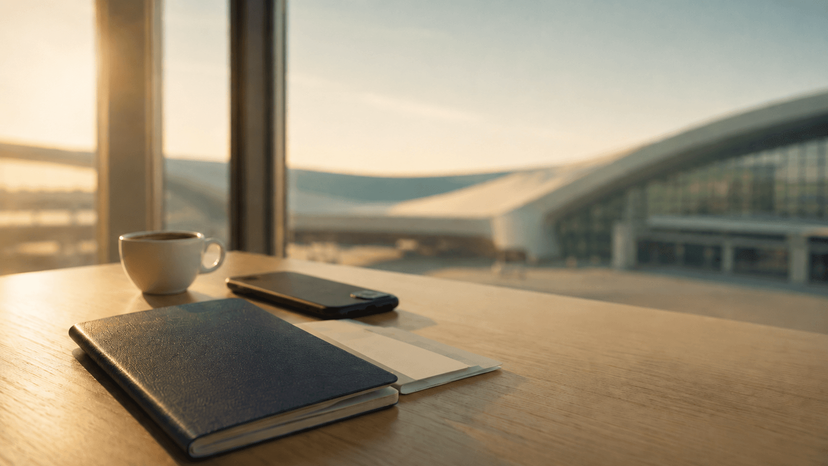 A passport, boarding pass, and espresso on a wooden desk near a sunlit airport window — preparing for Europe's Entry-Exit System (EES)