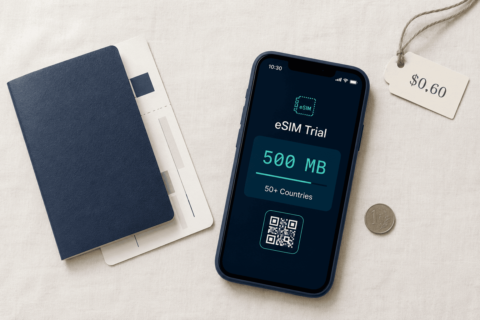 Smartphone displaying an eSIM trial interface with 500 MB of data, beside a navy passport and a $0.60 price tag