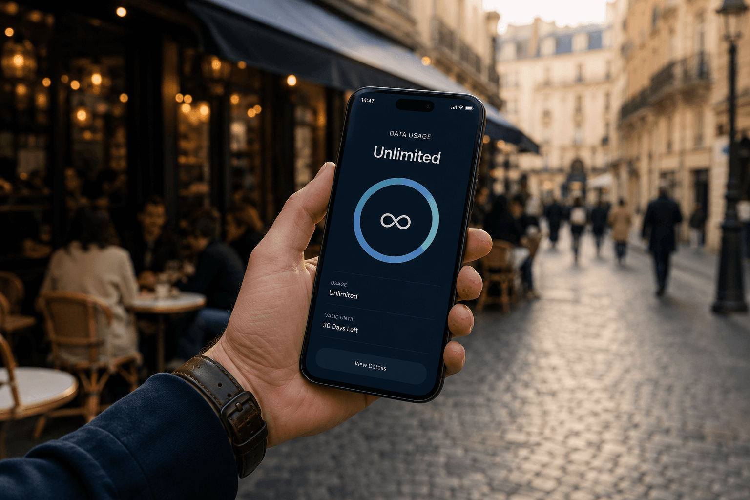 Traveler holding phone showing unlimited data in a European city