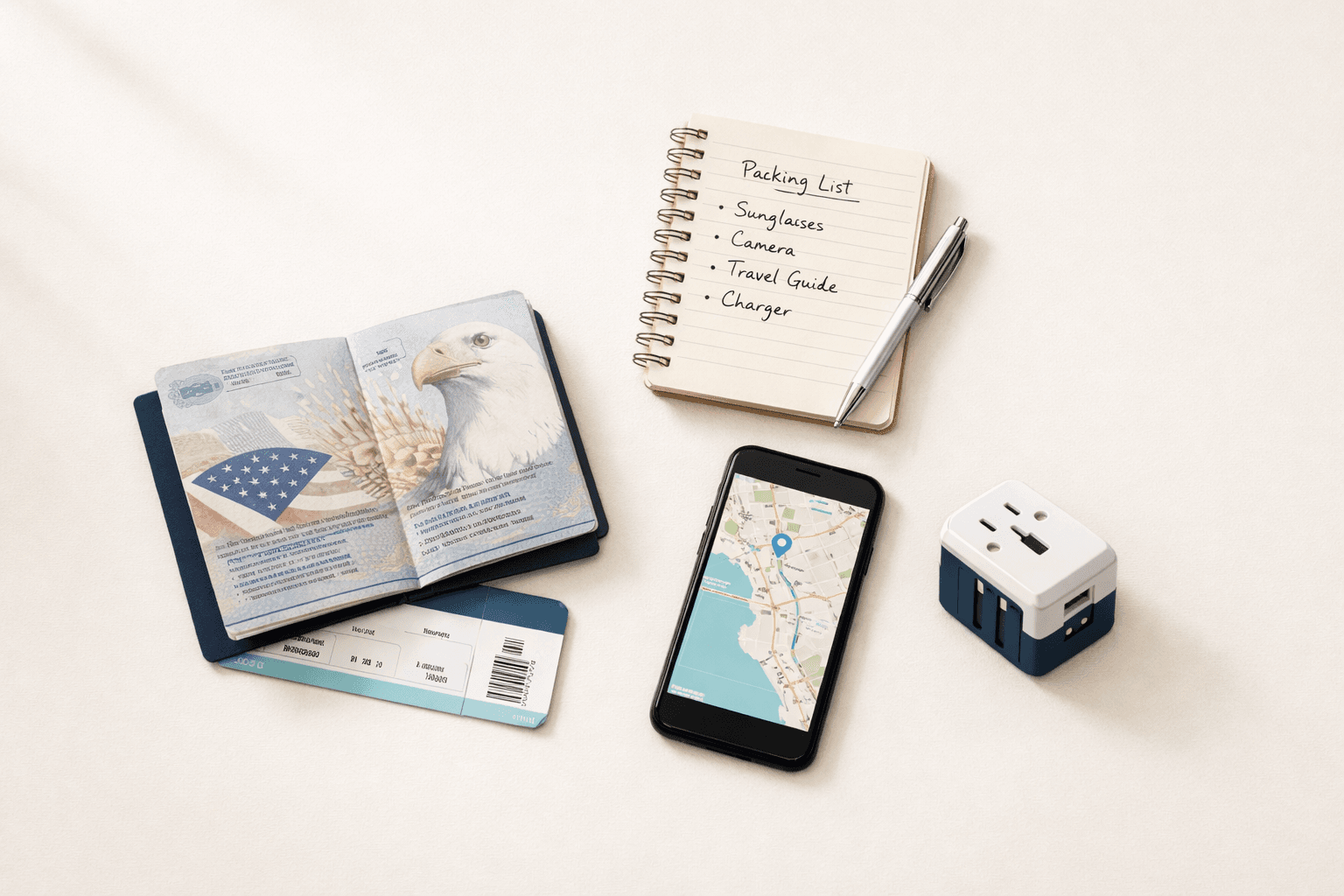 Travel planning flat lay — passport, notebook, boarding pass, and smartphone on a clean surface