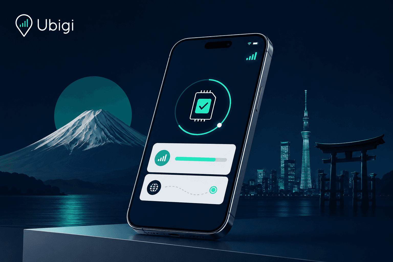 Ubigi eSIM for Japan shown on a smartphone connected to the NTT Docomo network