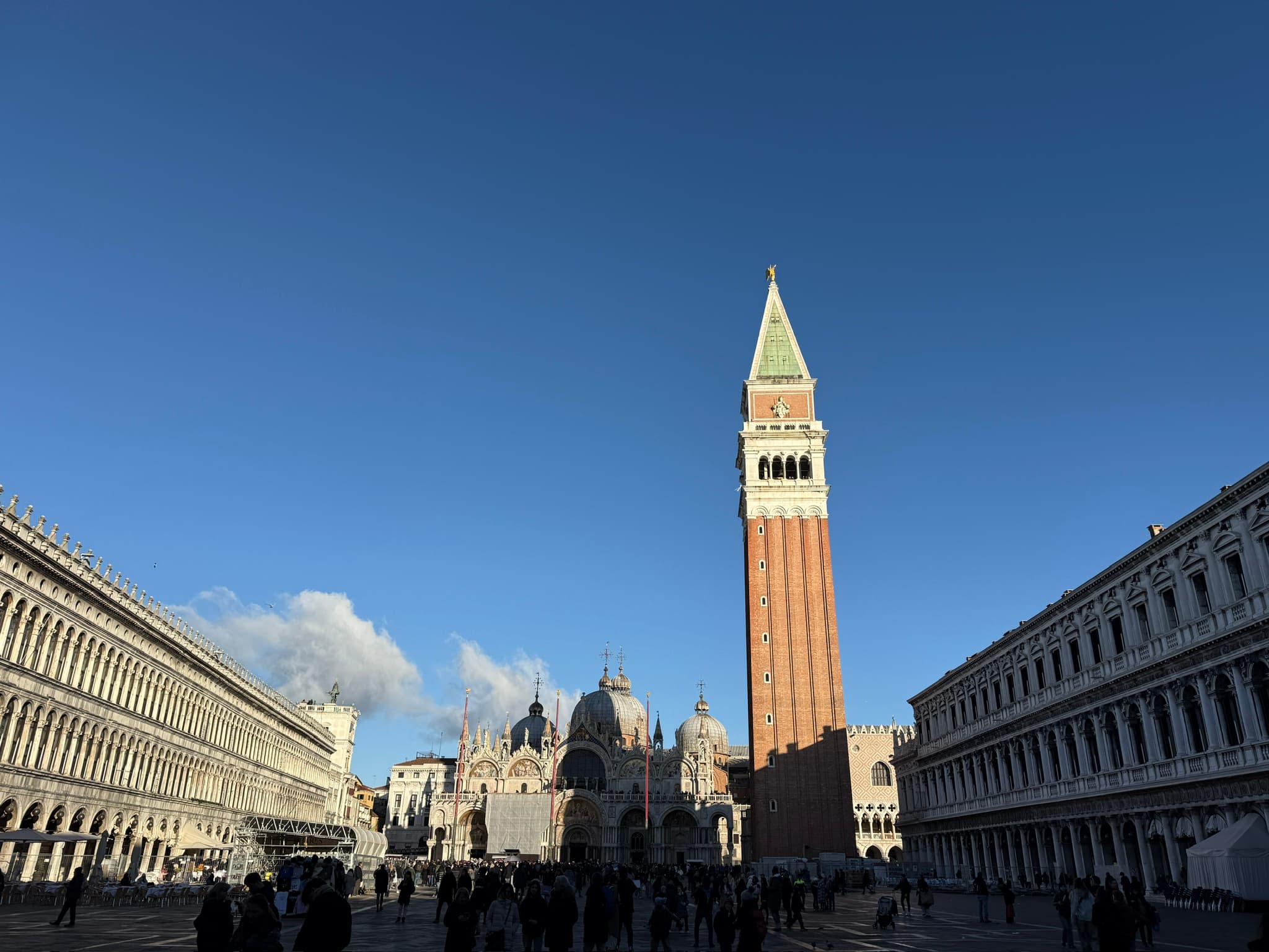 Piazza San Marco with the Campanile bell tower under a deep blue winter sky, Venice