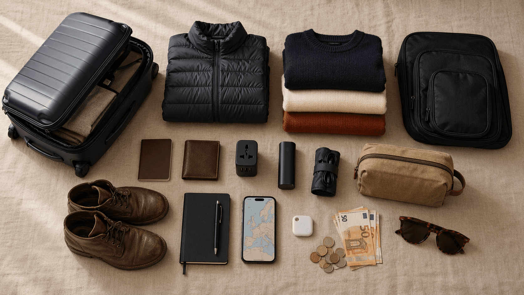 Flat-lay of essential items packed for a Europe trip — carry-on suitcase, travel adapter, packing cubes, portable charger, and more
