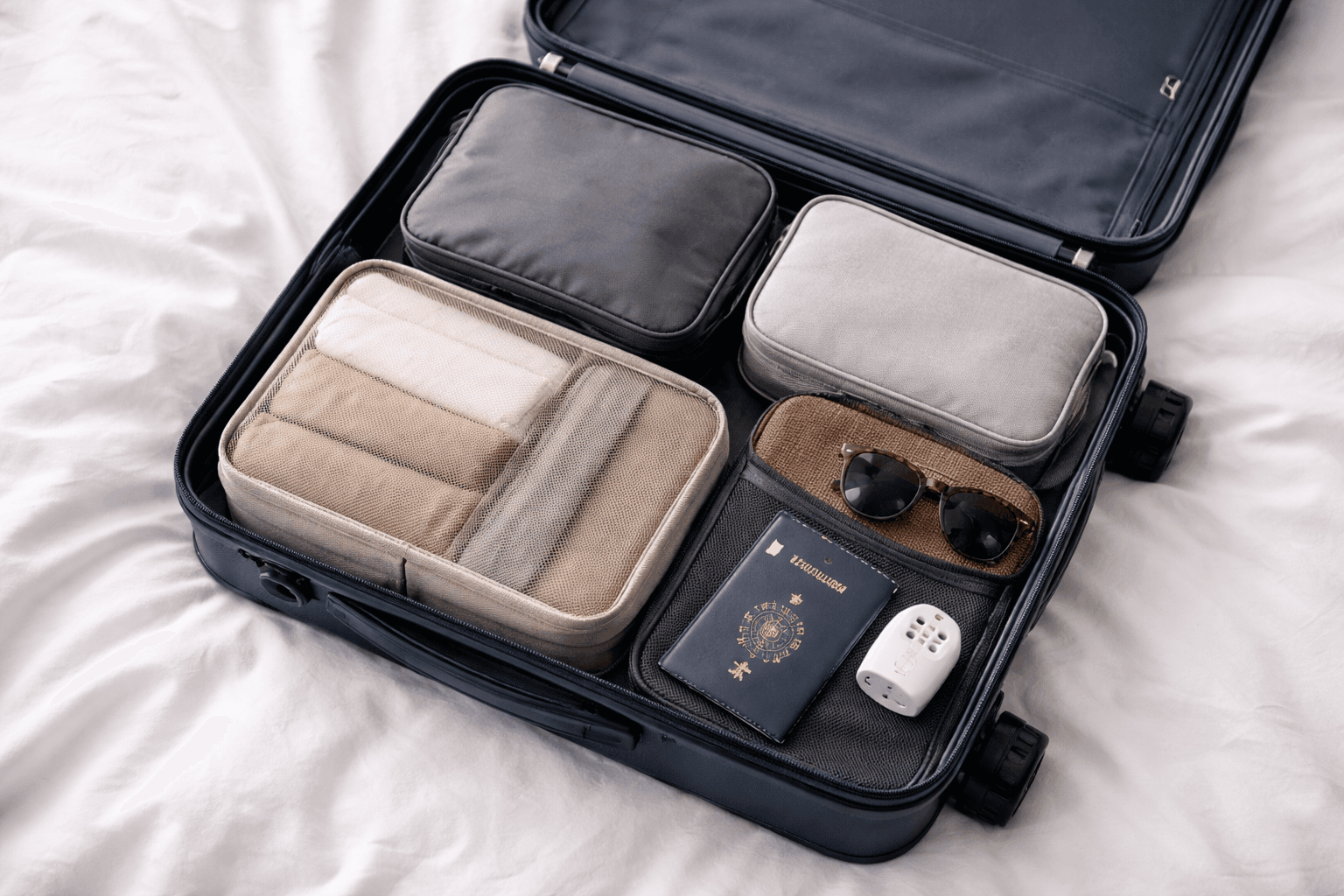 Neatly packed carry-on suitcase with travel essentials laid out